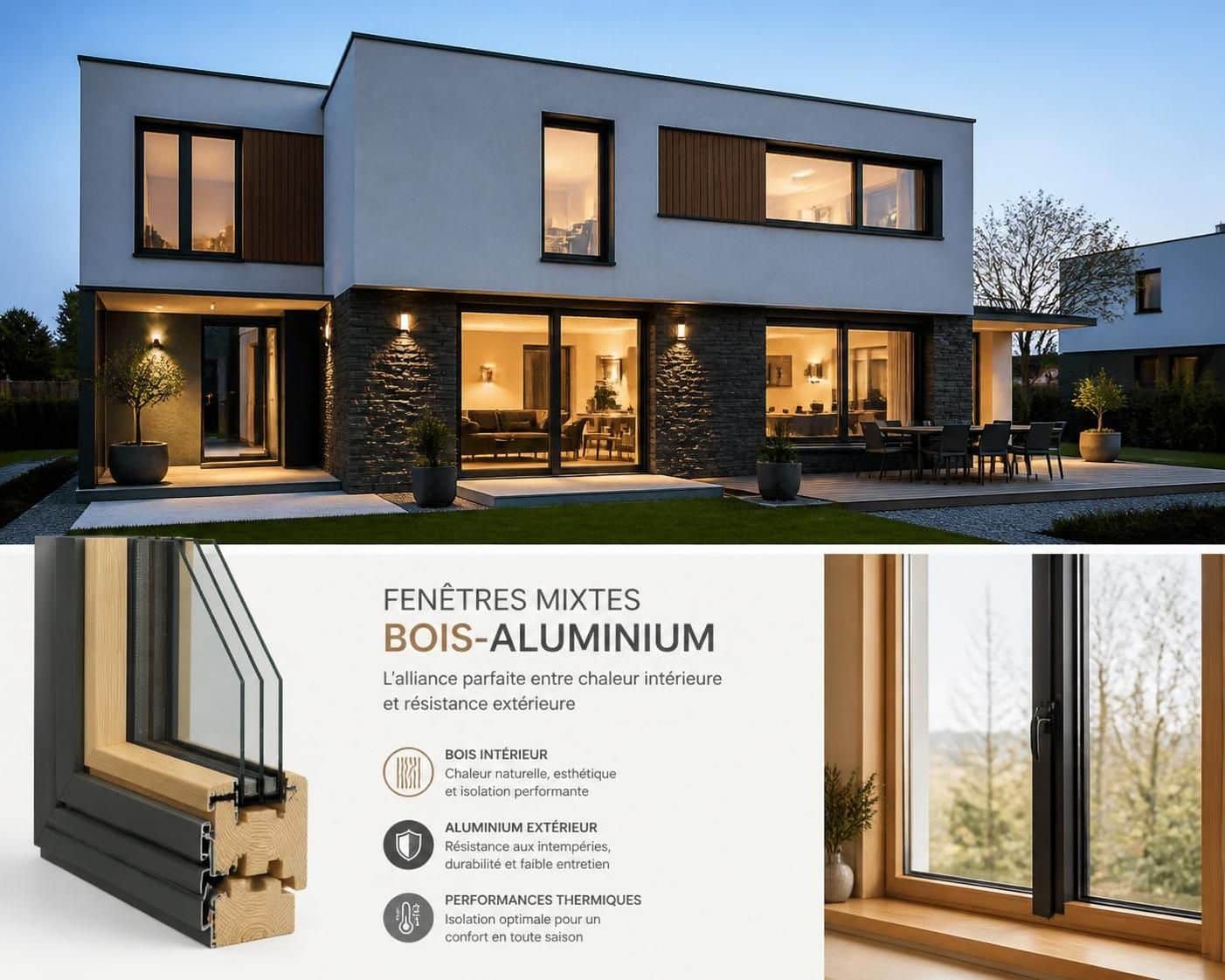 d&eacute;couvrez les avantages et inconv&eacute;nients des menuiseries mixtes bois-aluminium, une solution alliant esth&eacute;tique, performance thermique et durabilit&eacute; pour vos fen&ecirc;tres et portes.